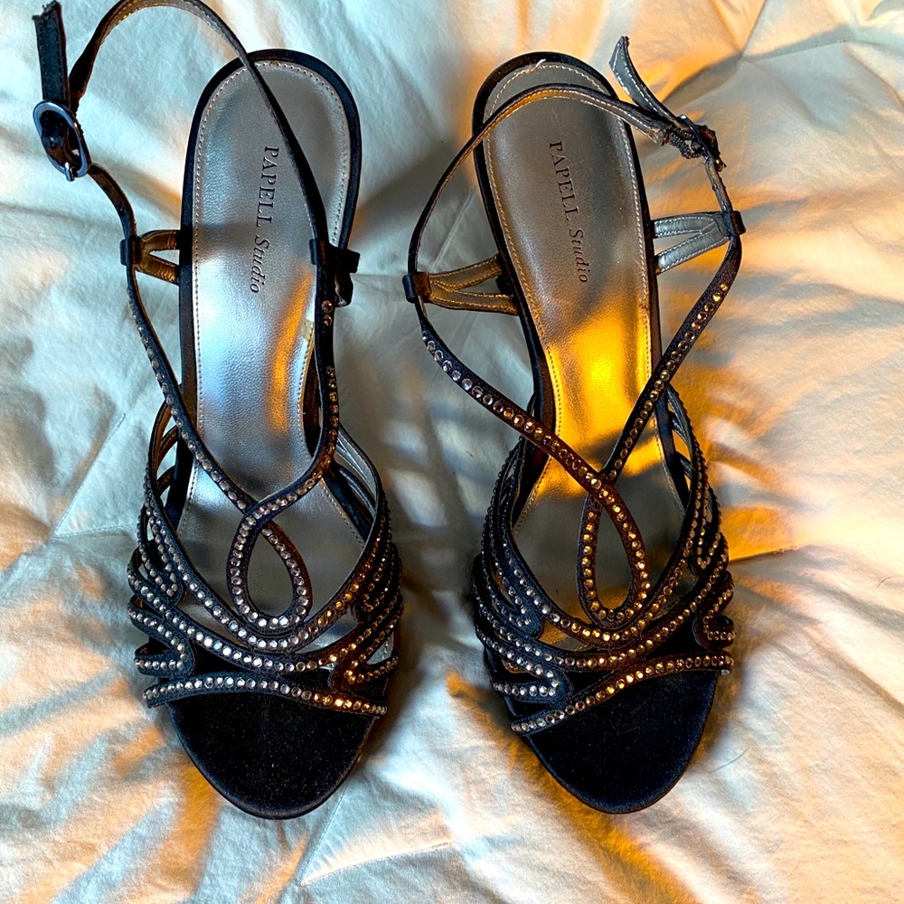 Black strapy platform heels with sparkle